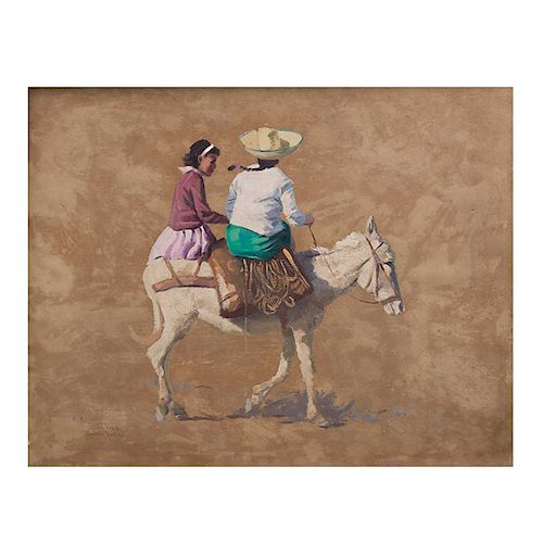 Mujeres a caballo. Siglo XX. Óleo sobre fibracel. Firmado Gerald Grace. Enmarcado. 55 x 70 cm