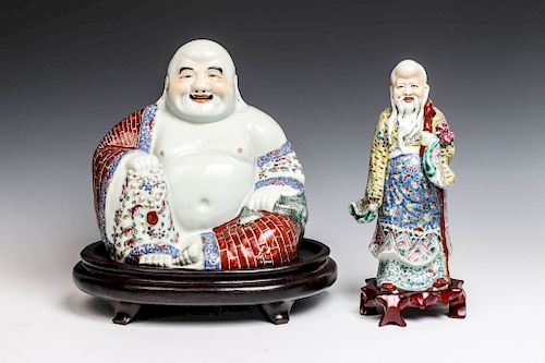 FAMILLE ROSE FIGURE OF HAPPY BUDDHA AND SHOLAO, LATE QING