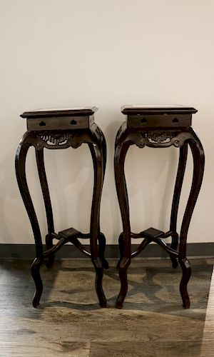 PAIR OF ROSEWOOD PLANT STANDS WITH MARBLE INLAY TOPS