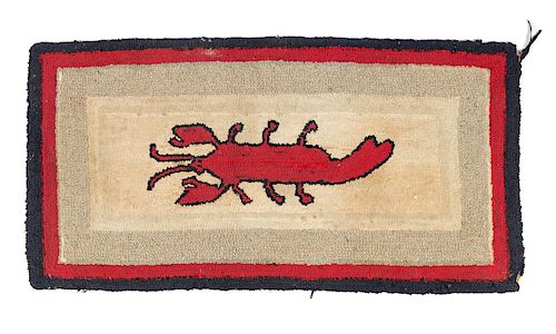 Early Lobster Folk Art Hooked Rug