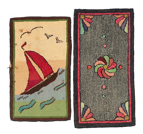 2 Early Folk Art Hooked Rugs Sailing Ship