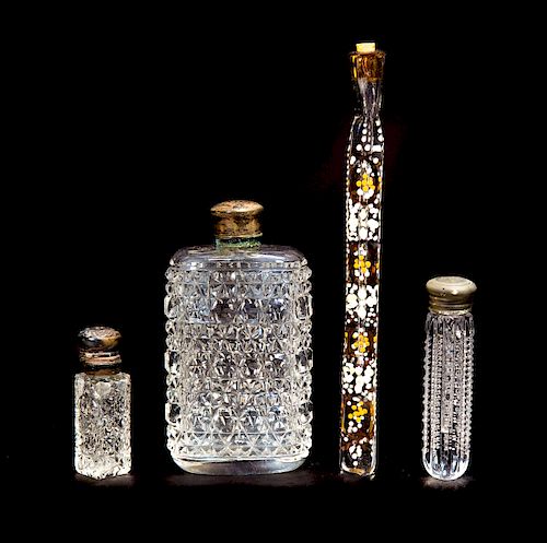 4 Cut Glass Perfume Scent Bottles and Enameled