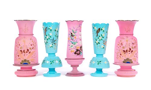 5 Victorian Enameled Bristol Vases