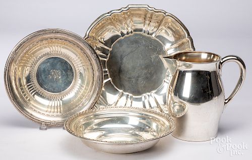 Three sterling silver bowls and a pitcher