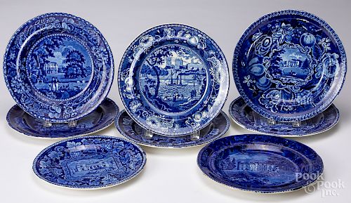 Eight blue Staffordshire English scenery plates