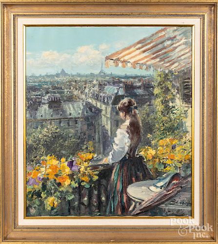 Oil on canvas of a woman on a balcony