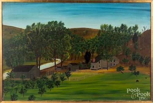 Oil on canvas country landscape with cottage
