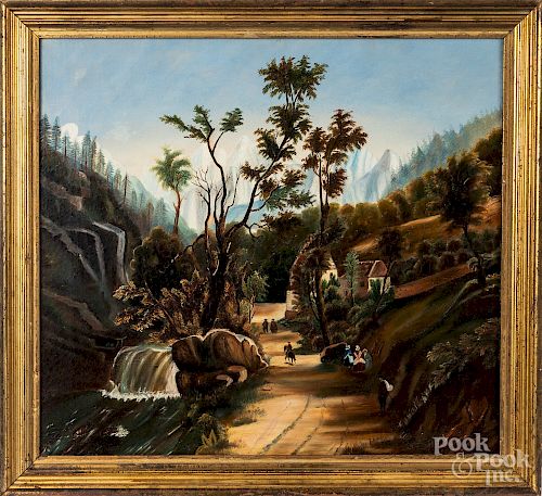 Oil on canvas primitive mountain landscape