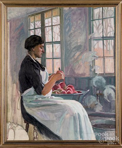 Oil on canvas of a woman peeling apples
