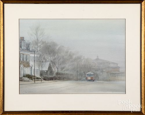 Watercolor street scene with a trolley