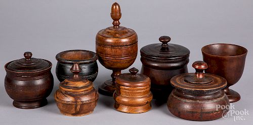 Group of turned wood bowls and canisters