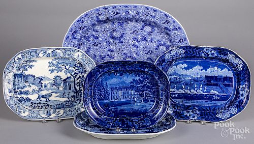 Five blue Staffordshire platters