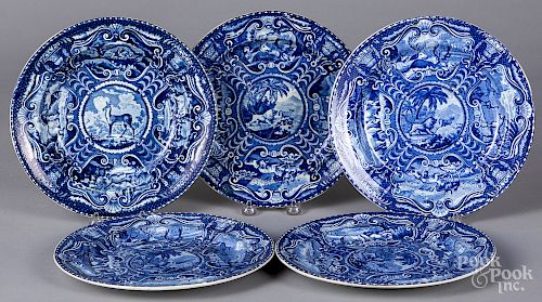 Four blue Staffordshire Quadrupeds plates, etc.