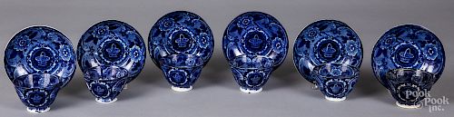 Six blue Staffordshire basket cups and saucers