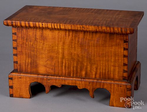 Miniature bench made tiger maple blanket chest