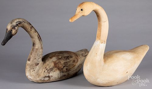 Two carved and painted swan decoys