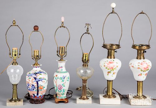 Six glass and porcelain table lamps