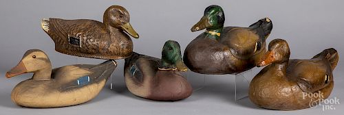 Five painted papier-mâché duck decoys