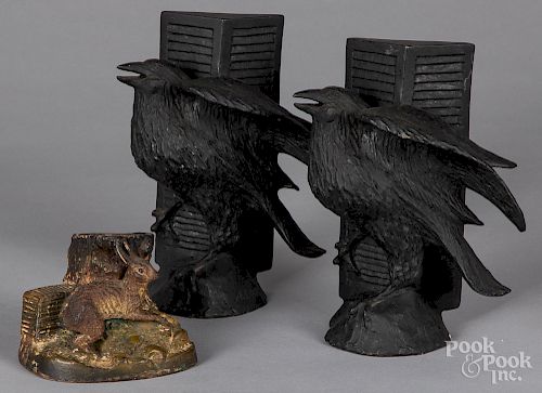 Pair of chalk crow bookends, etc.