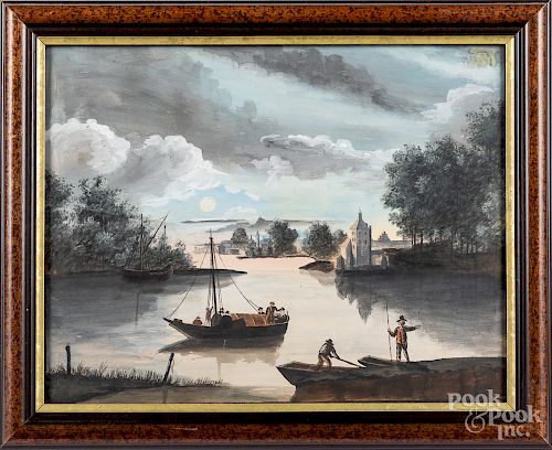 Italian watercolor and gouache harbor scene