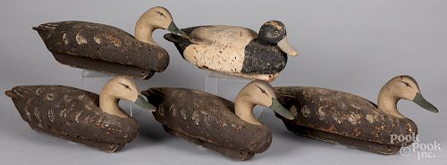 Five painted cork body duck decoys