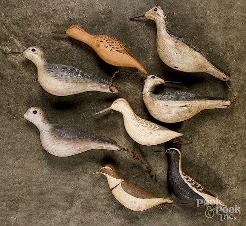 Eight carved and painted shorebird decoys