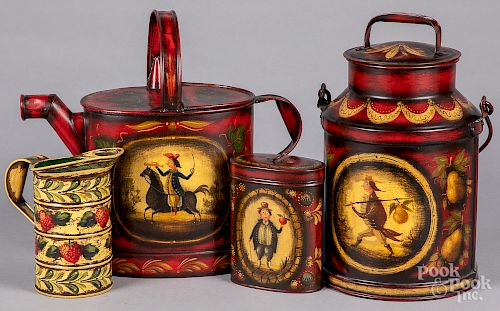 Four painted tin containers