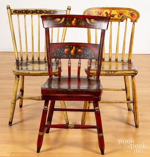 Three W. C. Werde painted pine plank seat chairs