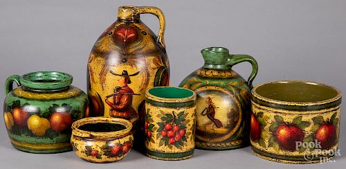 Six pieces of Peter Ompir and W. C. Wrede painted stoneware