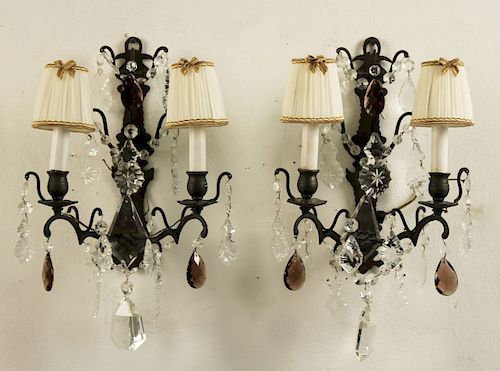 PAIR OF 2 LIGHT METAL AND CRYSTAL SCONCES