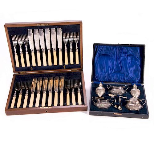 A 19th century spice set and horn handled cutlery set.