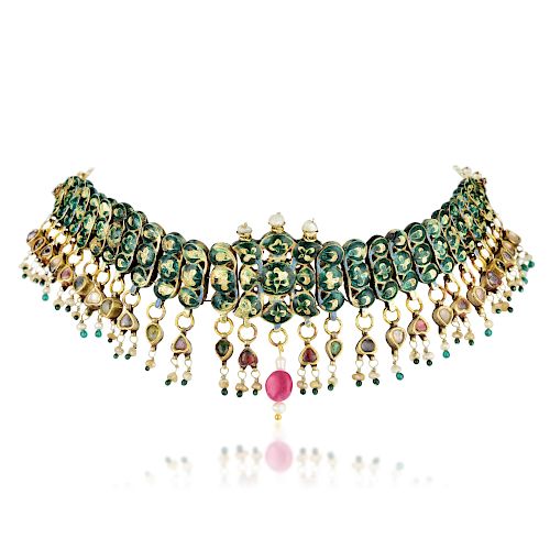 An Indian Multi-Colored Gemstone and Diamond Necklace
