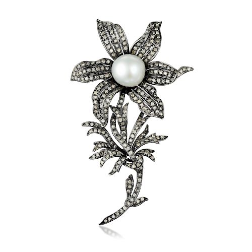 A Diamond and Cultured Pearl Flower Brooch