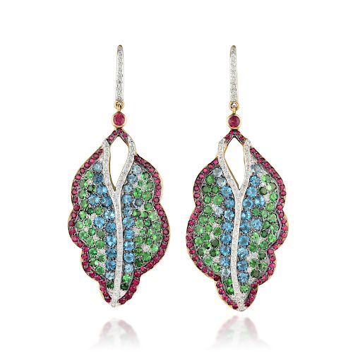 Hanut Singh Multi-Colored Gemstone Glitterbomb Leaf Earrings
