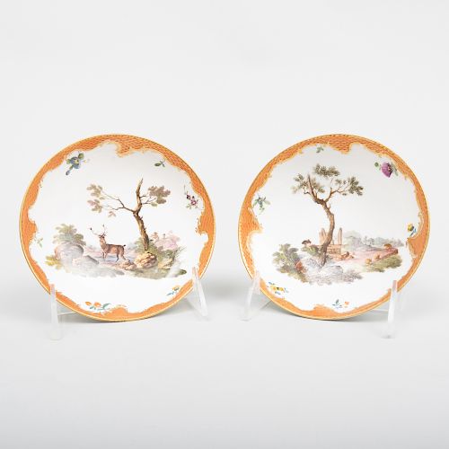 Pair of Meissen Porcelain Saucers with Hunting Scenes