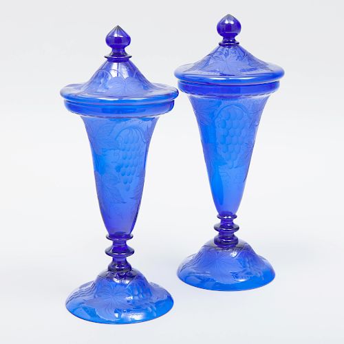 Pair of Continental Cobalt Etched Glass Vases and Covers