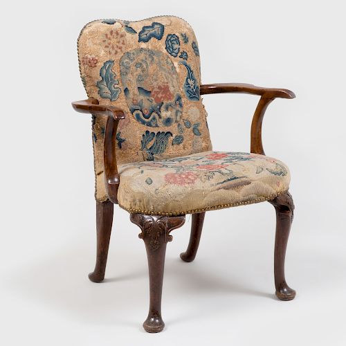 George I Walnut Needlework Upholstered Armchair