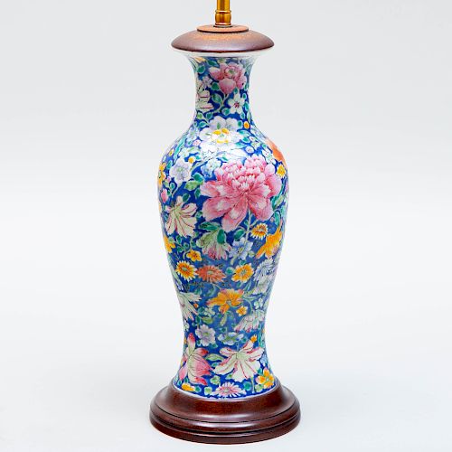 Chinese Porcelain Blue Ground Mille Fiore Vase Mounted as a Lamp