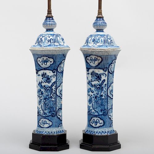Pair of Dutch Delft Octagonal Beaker Vases and Covers Mounted as Lamps