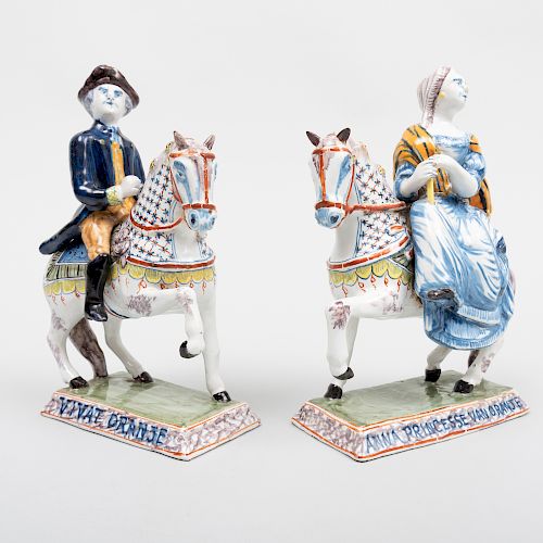 Pair of Dutch Delft Polychrome Equestrian Figures of the Prince and Princess of Orange