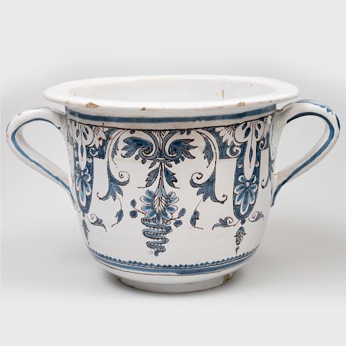 Continental Earthenware Blue and White Two Handled Jardinière