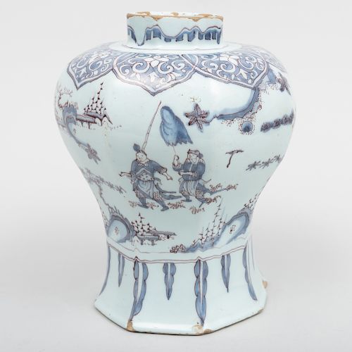 Dutch Delft Blue and White and Manganese Baluster Vase