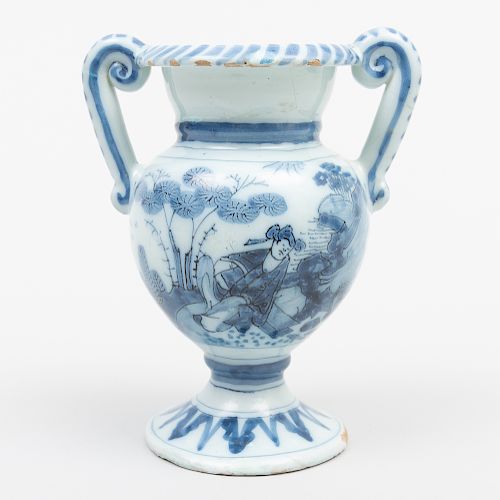Dutch Delft Blue and White Two Handled Small Vase
