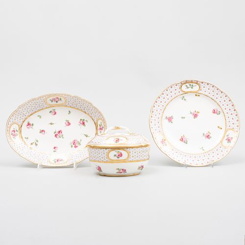 Sèvres Porcelain Oval Sugar Bowl and Cover, a Plate and a Shaped Dish