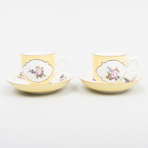 Pair of Meissen Porcelain Yellow Ground Coffee Cups and Saucers