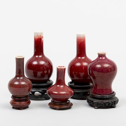 Group of Five Miniature Chinese Porcelain Copper Red Bottle Vases