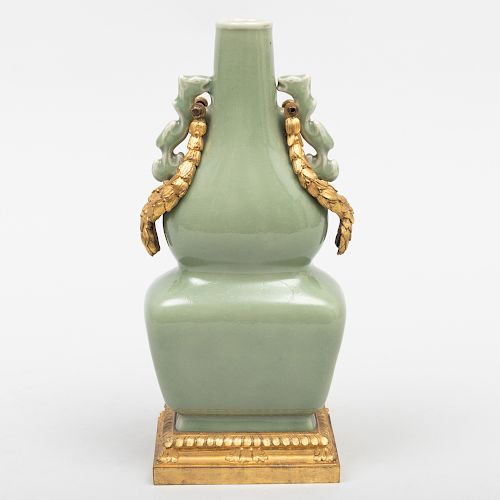 Chinese Porcelain Celadon Glazed Gilt-Metal-Mounted Flattened Double Gourd Vase