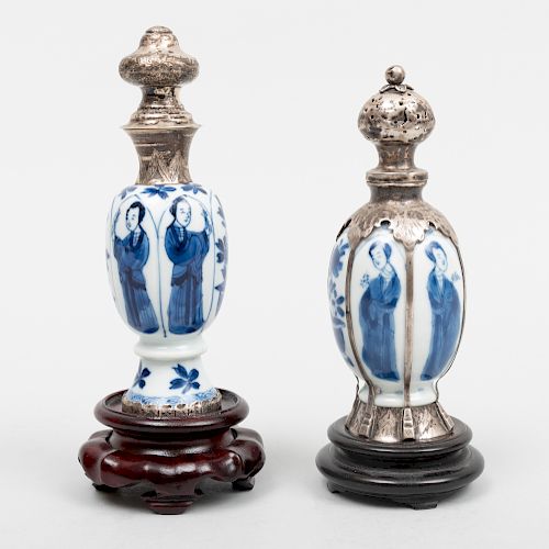 Two Small Chinese Blue and White Porcelain Ovoid Vases Mounted in Silver