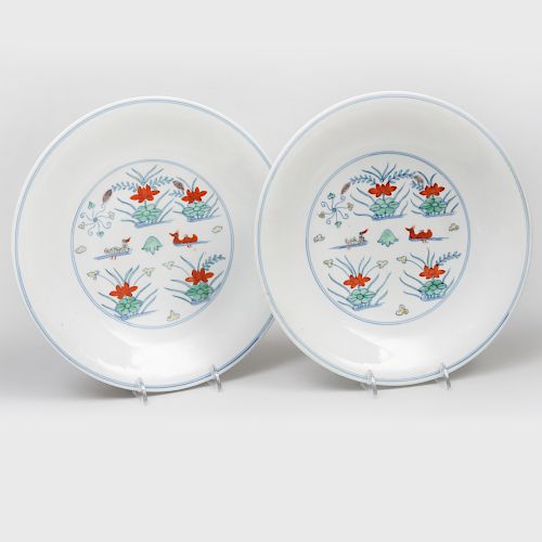 Pair of Kangxi Style Porcelain Doucai 'Duck and Lotus Pond' Dishes