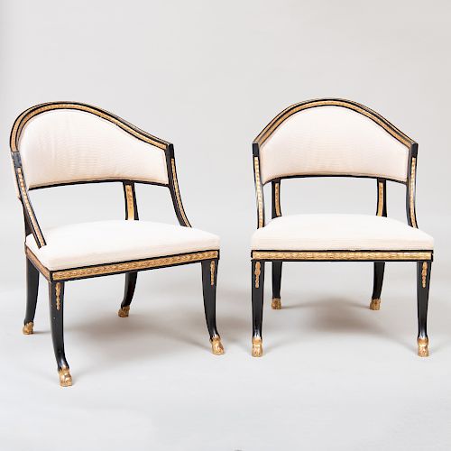 Pair of Swedish Neoclassical Style Ebonized and Parcel-Gilt Armchairs